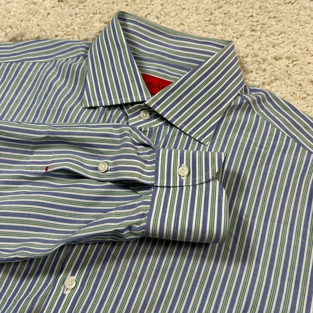 Isaia Napoli Dress Shirt 17.5 Blue Green Striped Long Sleeve Button Down Italy